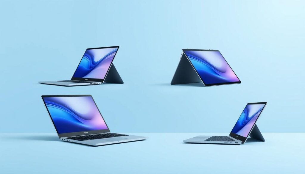 A 2-in-1 laptop shown in different modes: laptop, tent, tablet, and presentation A 2-in-1 laptop shown in different modes: laptop, tent, tablet, and presentation