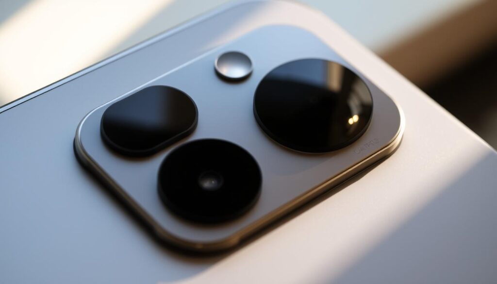 A close-up view of the IPAD - APPLE Pro's camera system, featuring a triple-lens array with a primary wide-angle lens, a telephoto lens, and an ultra-wide-angle lens. The camera is illuminated by soft, diffused natural lighting, casting subtle shadows and highlights that accentuate the sleek, metallic design. The lenses are precisely aligned, their glass surfaces reflecting the surroundings in a way that conveys the high-quality optics. The overall composition emphasizes the technical prowess and advanced imaging capabilities of the IPAD - APPLE Pro, highlighting its position as a powerful mobile photography tool.