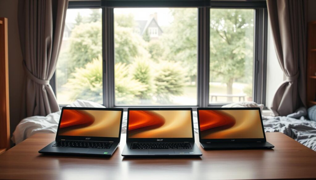 A cozy college dorm room, with a desk showcasing three sleek, modern laptops - an Acer, a Lenovo, and an HP. The laptops are arranged in a neat line, their screens glowing with a soft, inviting light. The room is bathed in a warm, natural glow, with a large window overlooking a verdant campus landscape. The laptops are positioned to emphasize their compact, lightweight design, perfect for the on-the-go college lifestyle. The scene conveys a sense of productivity, comfort, and the ideal balance of performance and portability for the best budget laptops for college students in 2025.