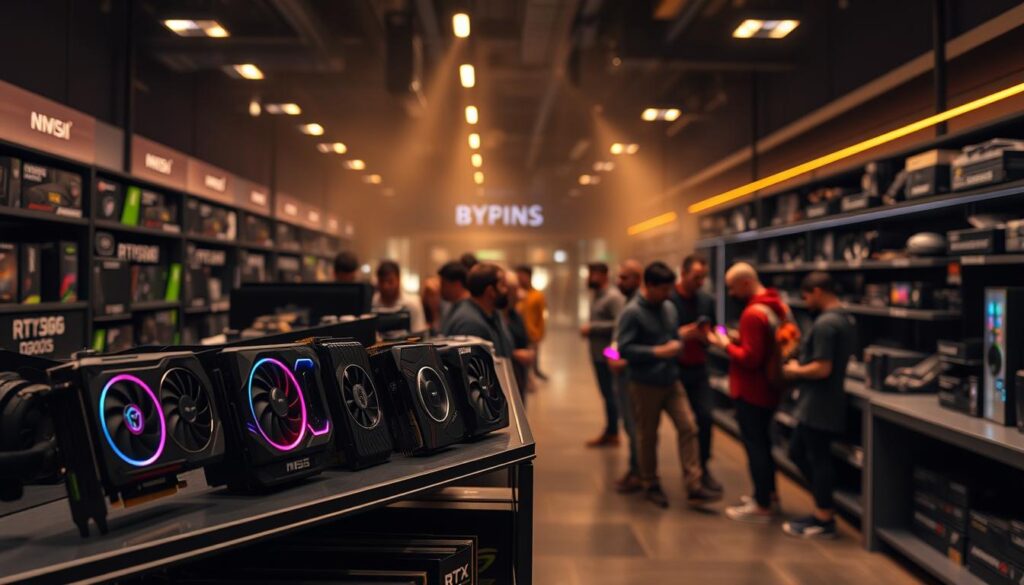 A dimly lit, spacious electronics store showcasing a lineup of gaming GPUs. In the foreground, a shelf displays the latest RTX 3060 models from popular brands like MSI, ASUS, and Gigabyte, their sleek designs and RGB lighting catching the eye. In the middle ground, eager customers inspect the cards, carefully considering their options. The background is hazy, with shelves stocked with other PC components, creating a sense of a bustling, technology-driven environment. Warm, golden lighting casts a subtle glow, heightening the anticipation and exclusivity of the RTX 3060. The overall atmosphere conveys the current high demand and limited availability of this sought-after GPU in the North American market.