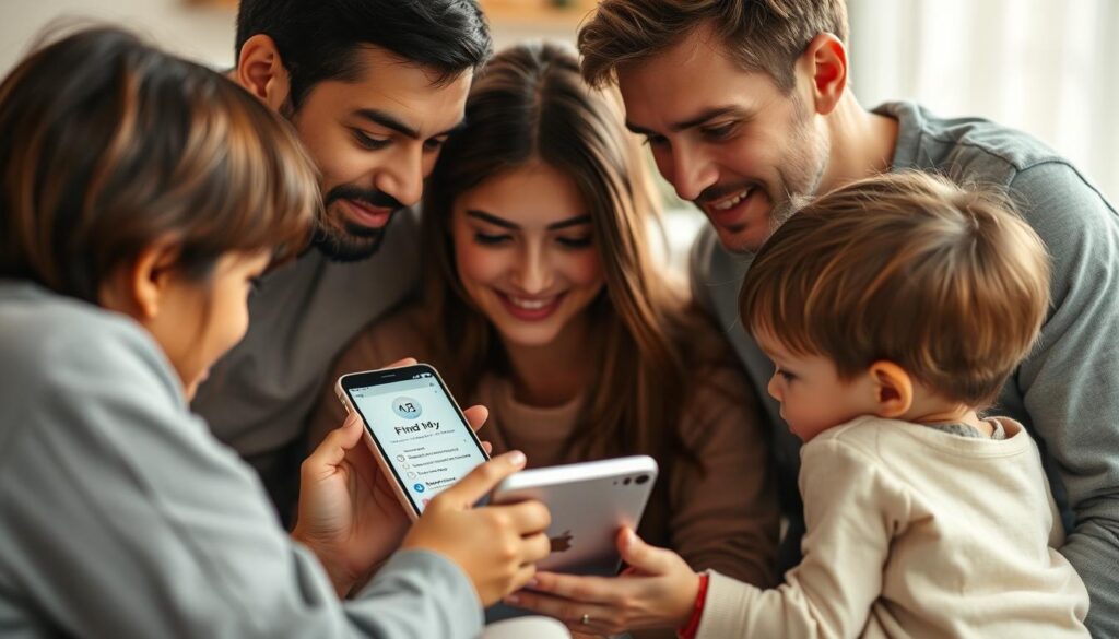 A family of four gathered around a sleek, silver iPhone - apple device, its screen displaying the "Find My" app interface. Warm, natural lighting illuminates their focused expressions as they navigate the app's features, seeking to locate a missing family member's device. The scene conveys a sense of collaboration and technological integration, set against a softly blurred background hinting at a cozy, domestic setting. The overall mood is one of problem-solving and connectivity, reflecting the ease and efficiency of using iCloud's family sharing capabilities to keep track of loved ones' whereabouts.