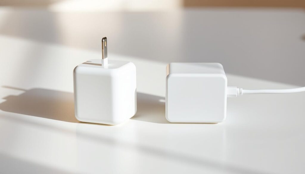 A high-quality, close-up photograph of two Apple - MacBook chargers, one MagSafe and one USB-C, placed side by side on a clean, well-lit surface. The chargers are shown from a front-on angle, casting soft, directional shadows that provide depth and dimensionality. The lighting is natural and warm, creating a calm, professional atmosphere. The chargers are pristine, showcasing their sleek, minimalist designs. The background is slightly blurred, keeping the focus on the central comparison between the two charging technologies.