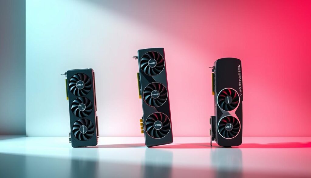 A high-quality comparison of the latest RTX 3060 graphics cards from top manufacturers, showcased in a sleek, modern composition. Meticulously rendered hardware from MSI, ASUS, and Gigabyte set against a clean, minimalist background, with dynamic lighting highlighting the cards' intricate details. The scene conveys a sense of technical sophistication and consumer-friendly value, inviting the viewer to closely examine the subtle differences between the variants. Subtle shadows and reflections add depth and realism, while the overall composition maintains a balanced, professional aesthetic suitable for the article's context.