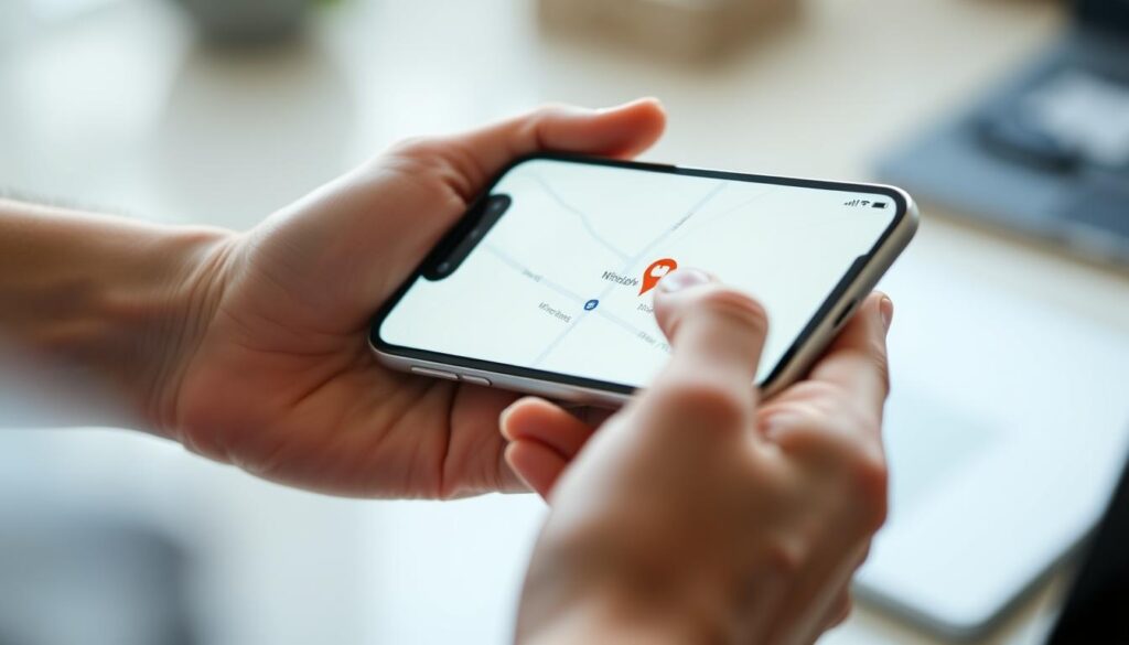 A high-resolution, detailed image of an iPhone - Apple device displaying a map with a location marker, centered on a city or town. The map is displayed on the iPhone's screen, with a clean, minimalist interface and subtle lighting. The iPhone is held in a hand, with the thumb and fingers visible, suggesting user interaction. The background is blurred, with a sense of depth and focus on the device. The overall mood is one of focus, clarity, and ease of use, reflecting the "Locating Your iPhone on the Map" section of the article.