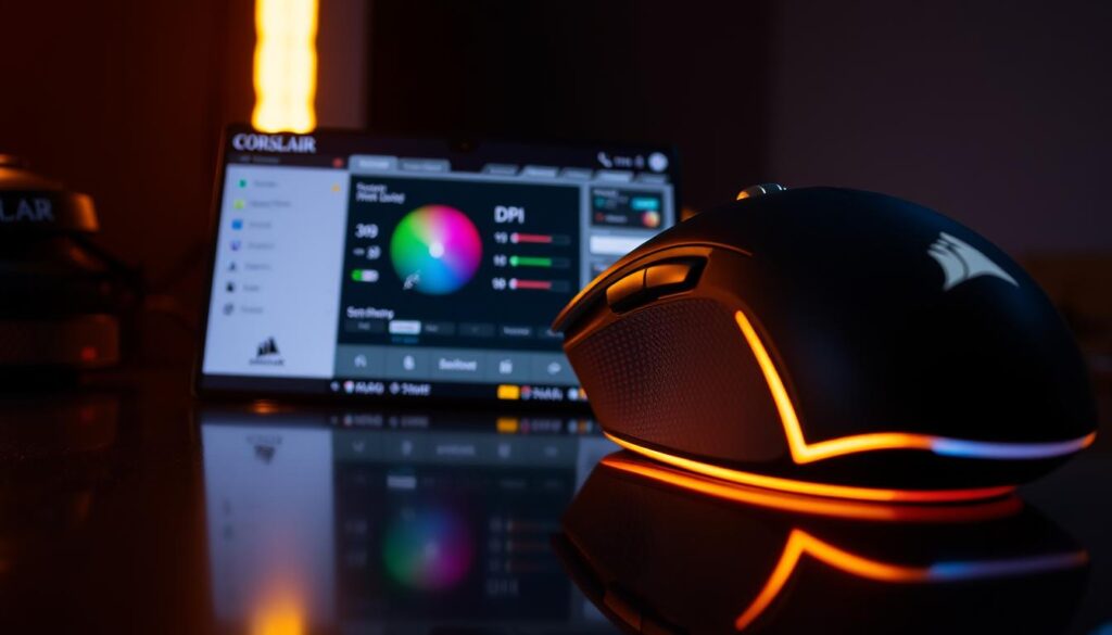 A highly detailed, close-up view of the CORSAIR IRONCLAW RGB wireless gaming mouse with its customization software interface prominently displayed on a sleek, reflective surface. The mouse's ergonomic design and contoured grip are captured in crisp detail, showcasing its robust build quality. The software interface features a clean, intuitive layout with sliders and toggles for adjusting DPI, RGB lighting, and other advanced settings. Warm, directional lighting illuminates the scene, casting subtle shadows and highlights that accentuate the mouse's textured surfaces and premium materials. The overall mood is one of precision, control, and a focus on the user's ability to personalize their gaming experience.