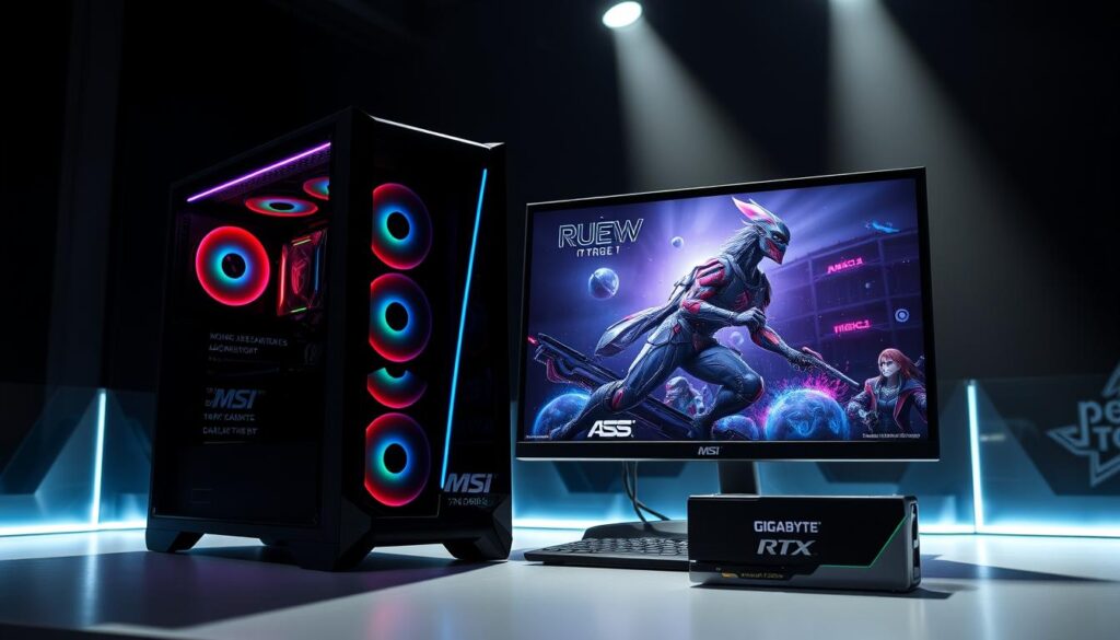 A sleek and powerful gaming PC setup featuring an RTX 3060 GPU, showcased against a backdrop of a dimly lit, high-tech environment. The PC case, emblazoned with the logos of leading manufacturers like MSI, Asus, and Gigabyte, sits atop a streamlined desk, its RGB lighting casting a vibrant glow. The monitor displays a visually stunning game scene, with intricate details and smooth, high-frame-rate performance. Overhead lighting creates dramatic shadows, emphasizing the GPU's cutting-edge design. The entire setup conveys a sense of immersive, next-generation gaming power and efficiency.