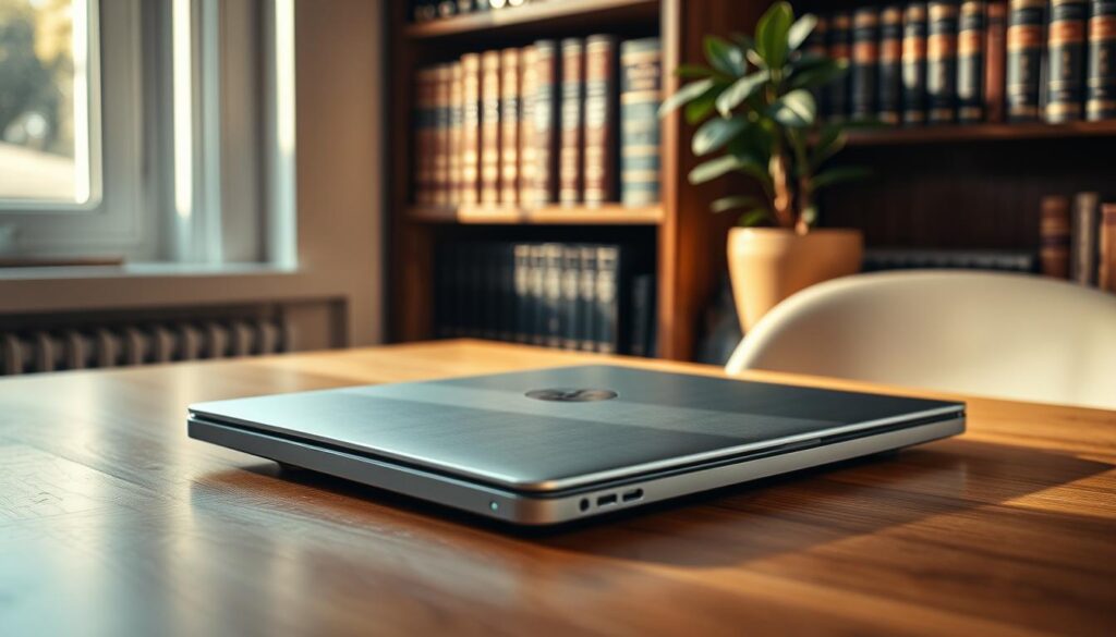 A sleek, modern Acer Aspire 5 Slim laptop resting on a minimalist, wood-grain desk in a cozy study. Warm, directional lighting illuminates the laptop's brushed aluminum chassis, casting subtle shadows that accentuate its slim, tapered design. The laptop is positioned at a slight angle, capturing its clean lines and elegant aesthetic. In the background, a bookshelf filled with leather-bound volumes and a potted plant add depth and a sense of sophistication to the scene. The overall mood is one of productive focus, with the Acer Aspire 5 Slim taking center stage as a practical, yet stylish, choice for the discerning college student on a budget. acer - lenovo - HP
