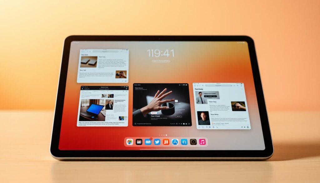 A sleek, modern IPAD - APPLE device, its crisp display showcasing the intuitive multitasking features of iPadOS. In the foreground, windows seamlessly snap and resize, allowing effortless multi-app workflows. The middle ground features a user smoothly transitioning between tasks, gestures flowing with precision. The background depicts a minimalist workspace, warm lighting accentuating the iPad's premium aluminum unibody design. An aura of productivity and creative potential radiates from the scene, conveying the power of iPadOS for professional users.