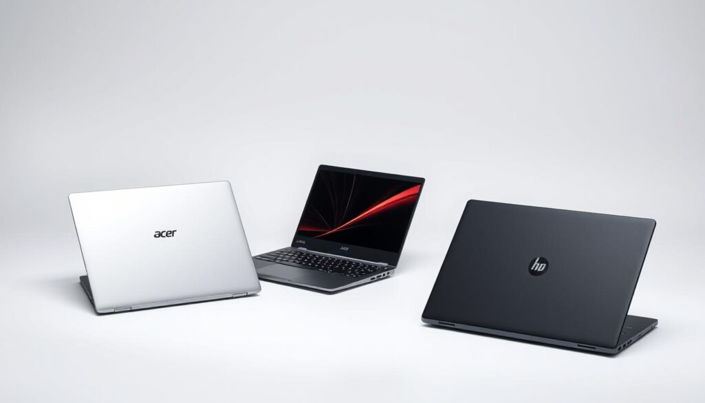A sleek, modern college laptop display featuring three mid-range models from the brands Acer, Lenovo, and HP. The laptops are arranged in a visually appealing layout, showcasing their clean, minimalist designs and premium finishes. The lighting is soft and directional, accentuating the laptops' textures and angles. The background is a simple, uncluttered studio setting, allowing the products to take center stage. The overall mood is one of quality, value, and practicality - highlighting the best balance of performance, portability, and affordability for the college student on a budget.