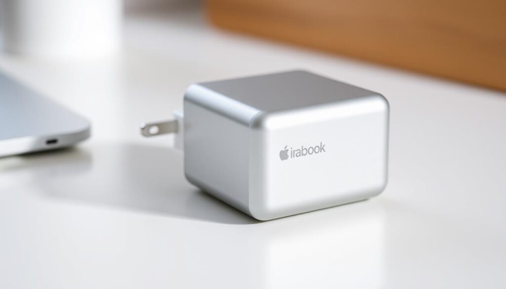 A sleek, silver USB-C charger sits atop a clean, minimalist surface, its smooth metallic body gleaming under soft, natural lighting. The charger's apple - macbook branding is subtly embossed on the side, conveying a sense of premium quality. The charger is positioned in the foreground, with a slightly blurred background hinting at a workspace or desk environment. The image exudes a sense of modern, elegant simplicity, perfectly suited to highlight the essential factors to consider when buying a MacBook charger.