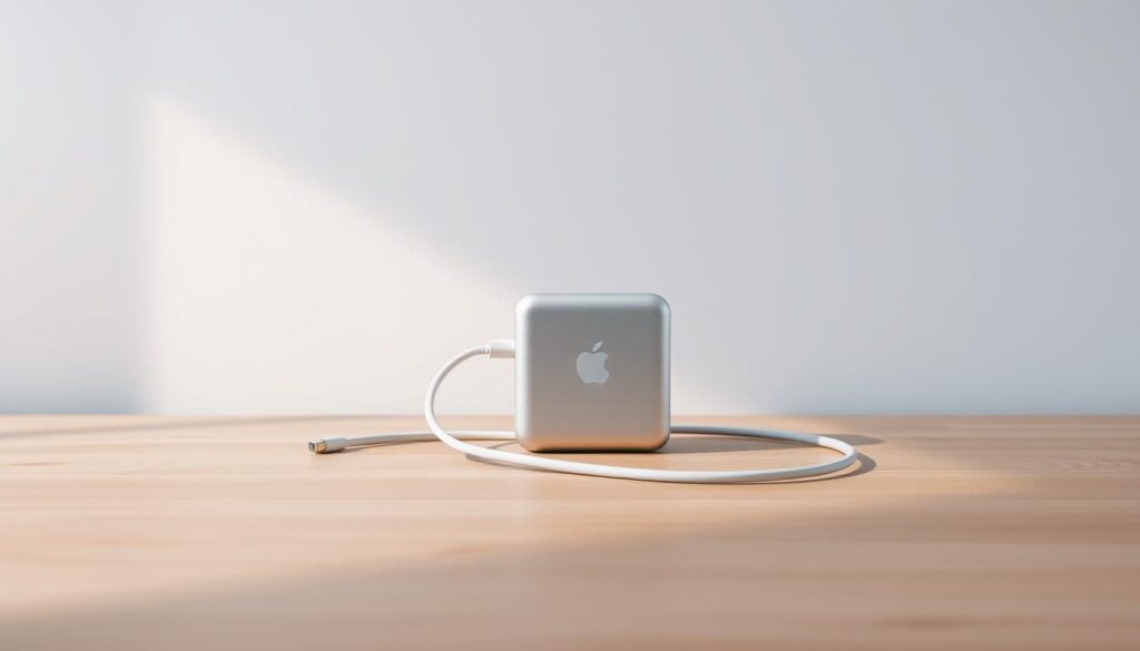 A sleek, silver apple - macbook MagSafe charger rests on a minimalist wooden surface, the cable elegantly draped. The charger is illuminated by soft, directional lighting, casting subtle shadows that emphasize its clean lines and premium construction. In the background, a muted, pastel-colored wall provides a calming, professional backdrop, allowing the charger to take center stage. The composition is balanced, with the charger positioned slightly off-center, creating a sense of visual interest. The overall mood is one of refinement, simplicity, and technological sophistication, perfectly capturing the essence of the apple - macbook brand.