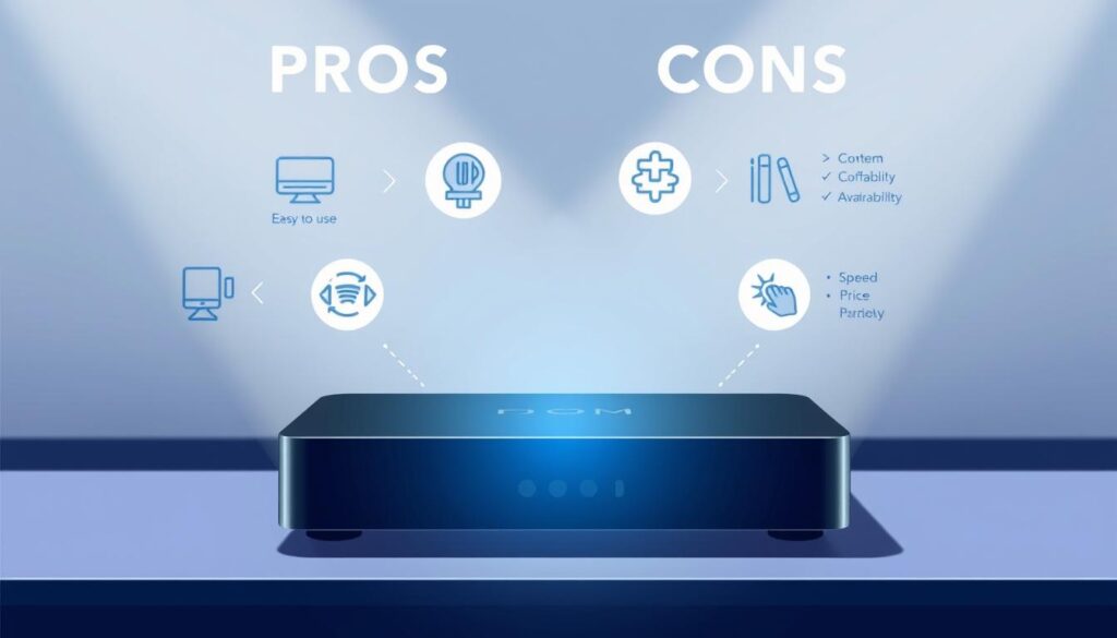 A well-lit, high-resolution digital illustration showcasing the pros and cons of a streaming player. In the foreground, a sleek, modern streaming device, its clean lines and minimalist design highlighted by a soft, directional light. Surrounding it, visual icons and symbols representing the key advantages and disadvantages of the device, such as ease of use, content availability, speed, and price. In the background, a subtle gradient or texture, suggesting a modern, technology-focused environment. The overall mood is one of clarity and balance, allowing the viewer to objectively evaluate the merits of the streaming player.