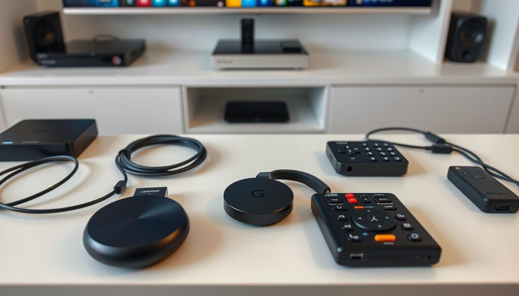 A well-lit, high-resolution image of a modern home entertainment setup, centered on a sleek, third-generation Google Chromecast device. The Chromecast is prominently displayed on a clean, minimalist media console, surrounded by a neatly organized array of streaming devices, cables, and remote controls. The overall atmosphere is one of technological sophistication and user-friendliness, inviting the viewer to imagine easily setting up and enjoying the Chromecast's seamless streaming capabilities. The image is shot from a slightly elevated angle, capturing the arrangement in a clear, uncluttered manner, with soft, directional lighting highlighting the key components.
