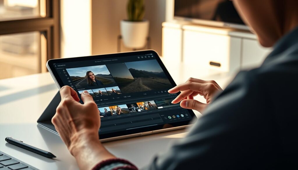An iPad Pro in a well-lit, modern workspace, with a user's hands editing video on the device's high-resolution display. The iPad is placed on a sleek, minimalist desk, surrounded by other APPLE IPAD - APPLE branded accessories like a stylus and a keyboard. Warm, natural lighting illuminates the scene, casting soft shadows and highlighting the device's premium design. The user's expression conveys a sense of focused, creative flow as they manipulate video clips and adjust settings with precise, deliberate movements. The overall atmosphere suggests a seamless, intuitive creative workflow on the powerful IPAD - APPLE tablet.
