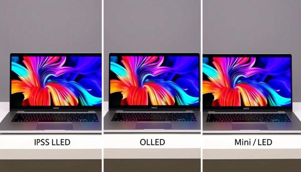 Comparison of display types showing color reproduction and contrast differences between IPS, OLED, and Mini-LED Comparison of display types showing color reproduction and contrast differences between IPS, OLED, and Mini-LED