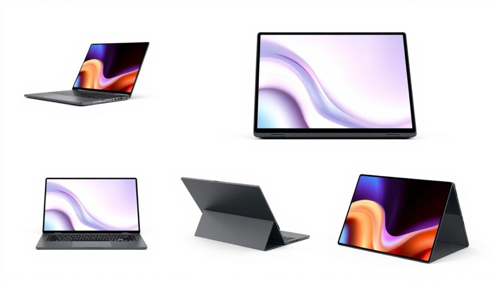 Demonstration of a laptop with foldable display in various usage configurations Demonstration of a laptop with foldable display in various usage configurations