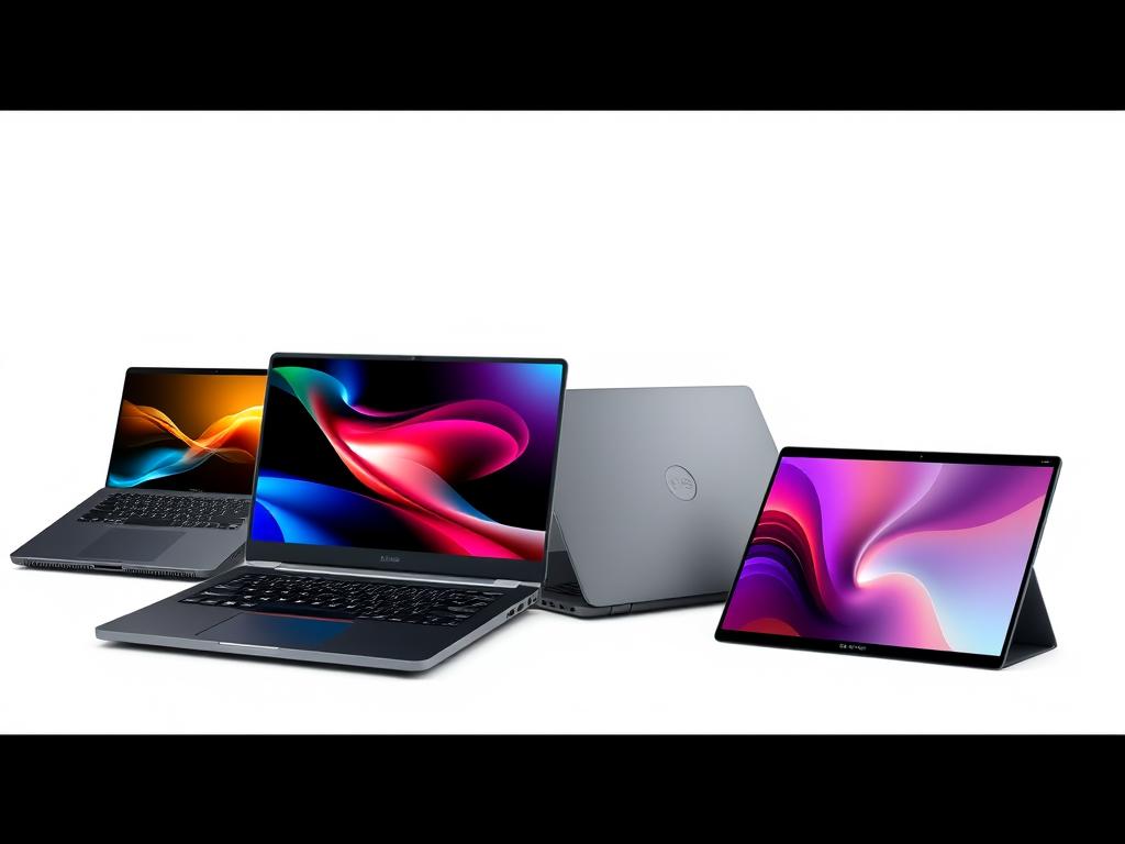 Four different laptop types displayed side by side showing ultrabook, gaming laptop, business laptop, and 2-in-1 convertible