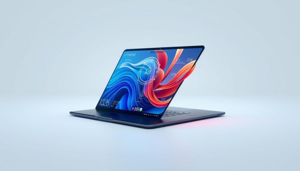 Futuristic laptop concept with foldable display, AI features, and sustainable materials Futuristic laptop concept with foldable display, AI features, and sustainable materials
