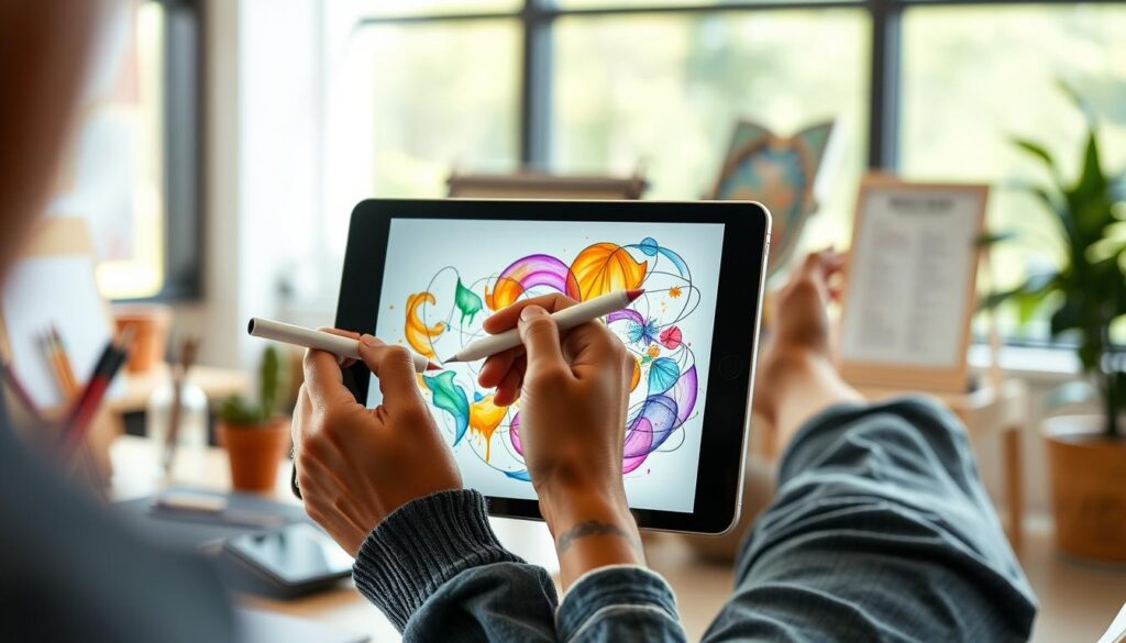 Generate an image of the Apple Pencil Pro being used with an iPad Pro for drawing.
