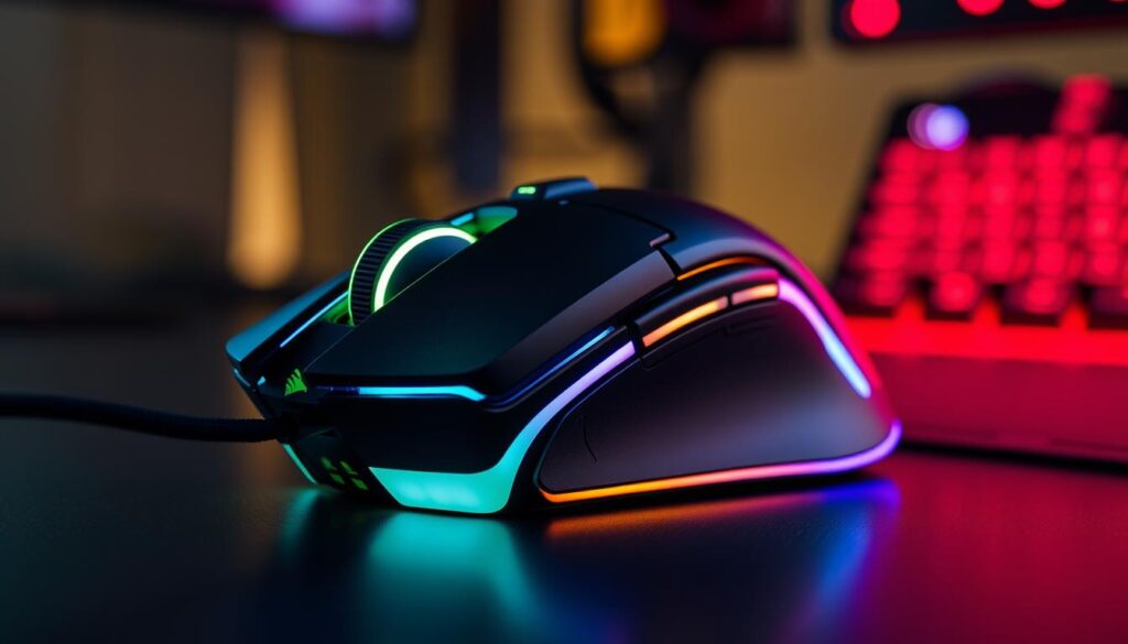 Generate an image of the CORSAIR IRONCLAW RGB Gaming Mouse showcasing its ergonomic design.