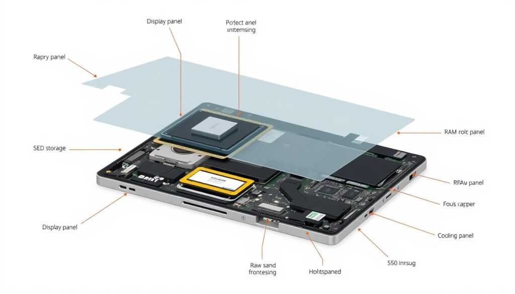 Laptop internal components labeled including processor, RAM, storage, and battery Laptop internal components labeled including processor, RAM, storage, and battery