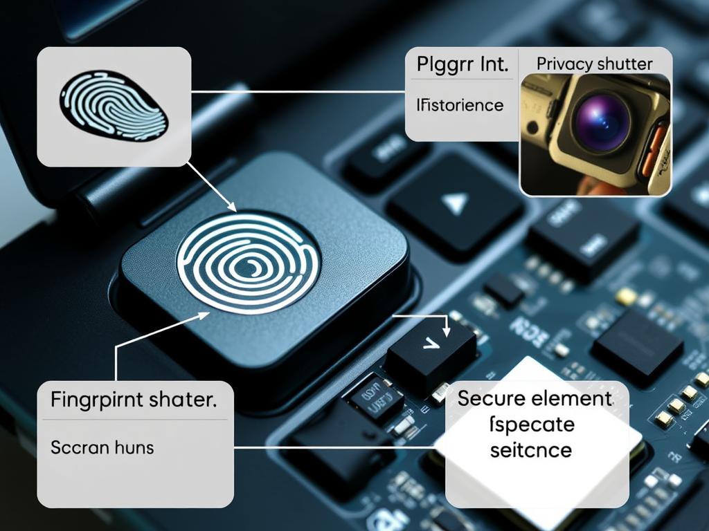 Laptop security features including fingerprint reader, facial recognition, and privacy shutter Laptop security features including fingerprint reader, facial recognition, and privacy shutter
