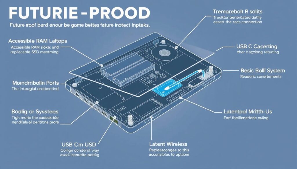 Laptop with future-proof features highlighted including upgradable components and latest connectivity options Laptop with future-proof features highlighted including upgradable components and latest connectivity options