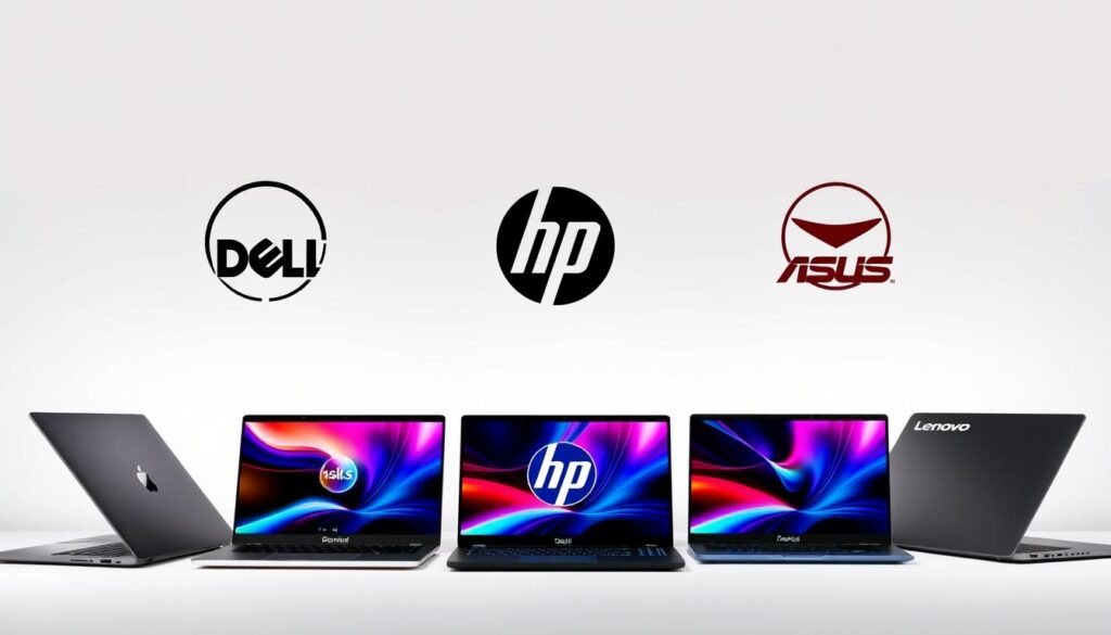 Logos and flagship laptops from Apple, Dell, HP, Lenovo, and ASUS arranged in a professional display Logos and flagship laptops from Apple, Dell, HP, Lenovo, and ASUS arranged in a professional display