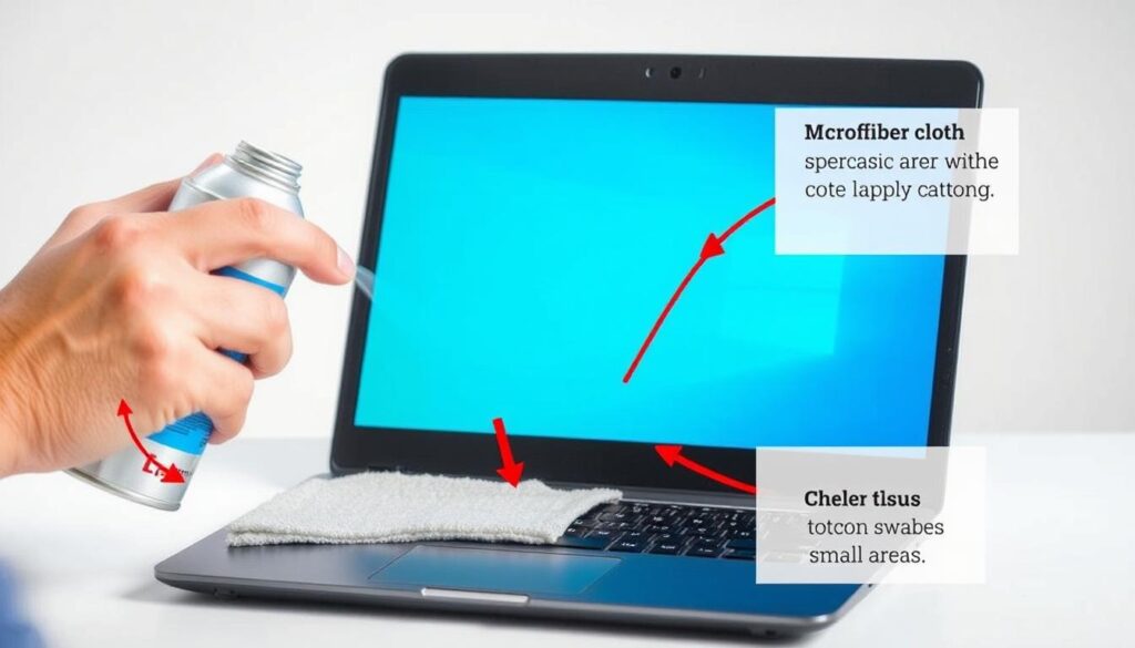 Person cleaning a laptop keyboard and screen with proper tools and techniques Person cleaning a laptop keyboard and screen with proper tools and techniques