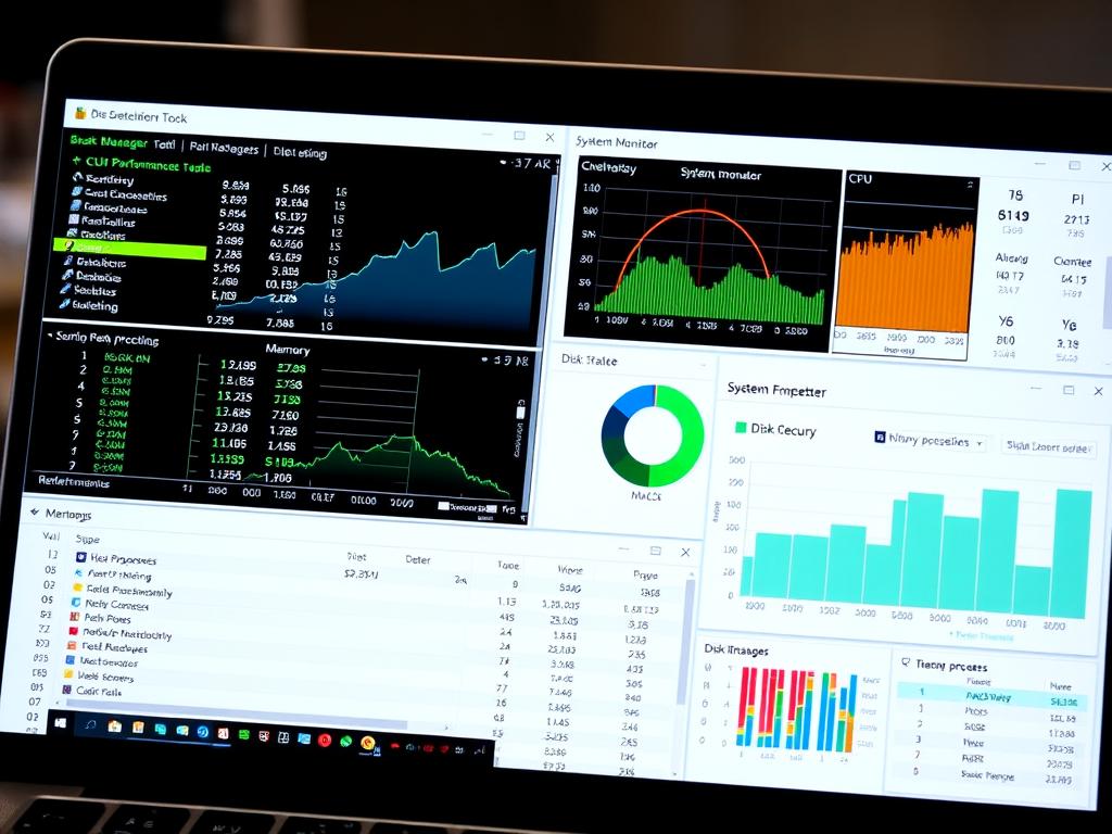 Screenshot of system performance monitoring tools showing CPU, memory, and disk usage Screenshot of system performance monitoring tools showing CPU, memory, and disk usage