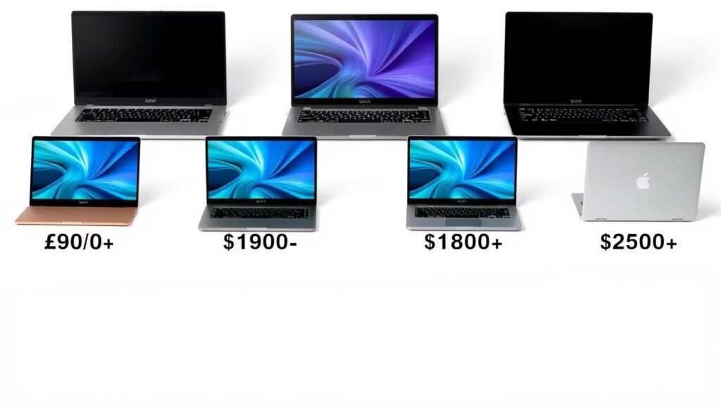 Various laptops arranged by price category from budget to premium with price tags visible Various laptops arranged by price category from budget to premium with price tags visible