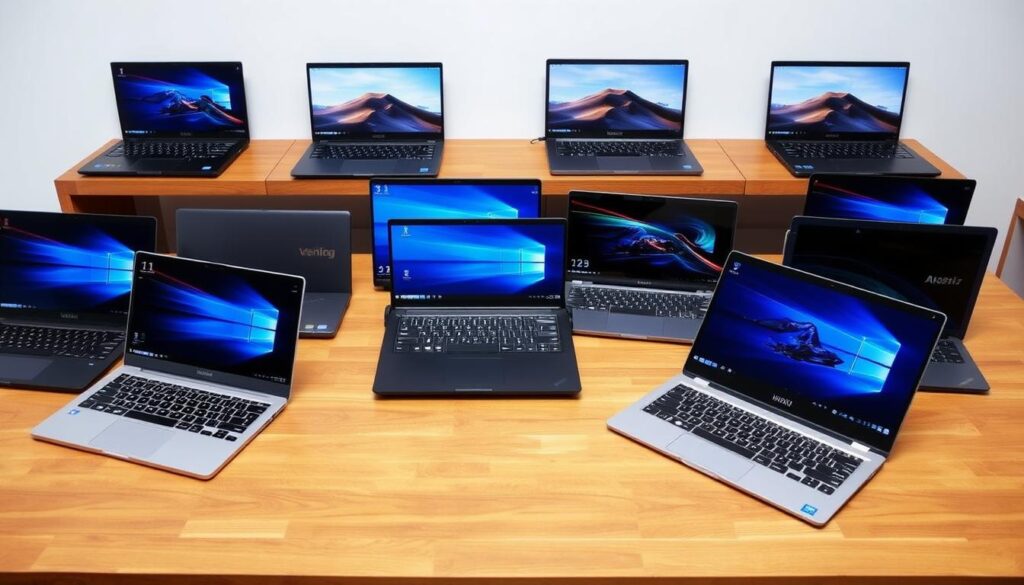 Various modern laptop models displayed on a desk with different screen sizes and designs Various modern laptop models displayed on a desk with different screen sizes and designs